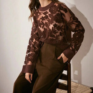 Coffee Brown Casual Women's Floral Pattern Knit Round Neck Drop Shoulder Sweater